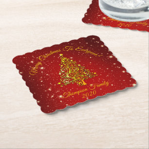 Matching Set Christmas Red Gold Tree Stars Name Paper Coaster