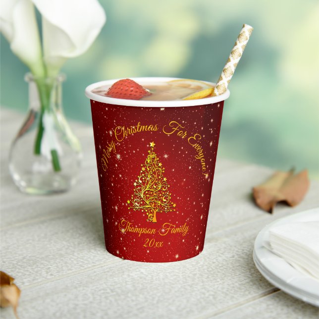 Matching Set Christmas Red Gold Tree Stars Name Paper Cups (Insitu)
