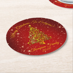Matching Set Christmas Red Gold Tree Stars Name Round Paper Coaster