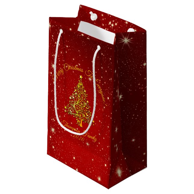 Matching Set Christmas Red Gold Tree Stars Name Small Gift Bag (Front Angled)