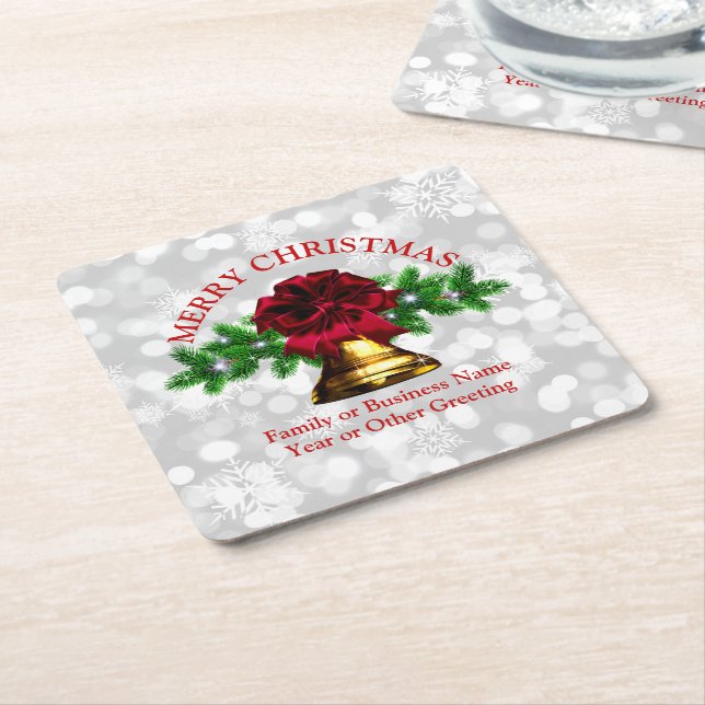 Matching Set Gold Bell Red Bow Christmas Square Paper Coaster (Angled)