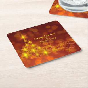 Matching Set Gold Stars Tree Change Name Square Paper Coaster