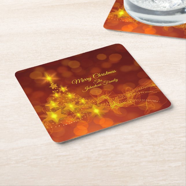 Matching Set Gold Stars Tree Change Name Square Paper Coaster (Angled)