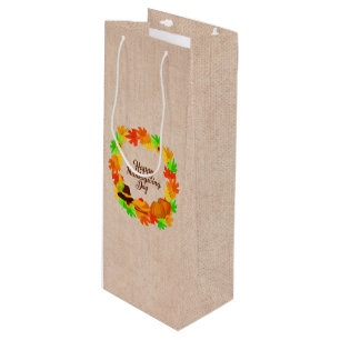 Matching Set Thanksgiving Green Gold Wreath Hat Wine Gift Bag