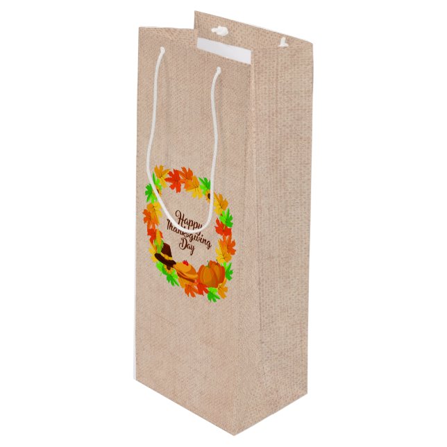 Matching Set Thanksgiving Green Gold Wreath Hat Wine Gift Bag (Front Angled)