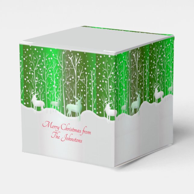Matching Set White Reindeer Edit Name Green Favour Box (Front Side)