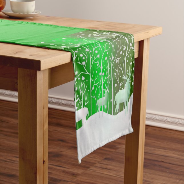 Matching Set White Reindeer Edit Name Green Long Table Runner (In Situ)