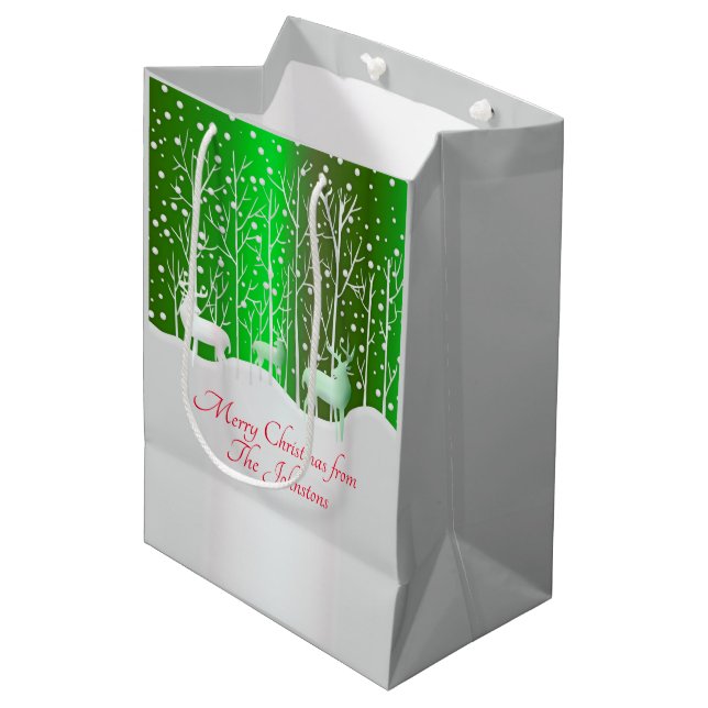 Matching Set White Reindeer Edit Name Green Medium Gift Bag (Front Angled)
