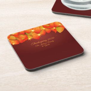 Matching Thanksgiving Orange Leaf Name Hard + Cork Coaster