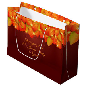 Matching Thanksgiving Orange Leaf Name Year Large  Large Gift Bag