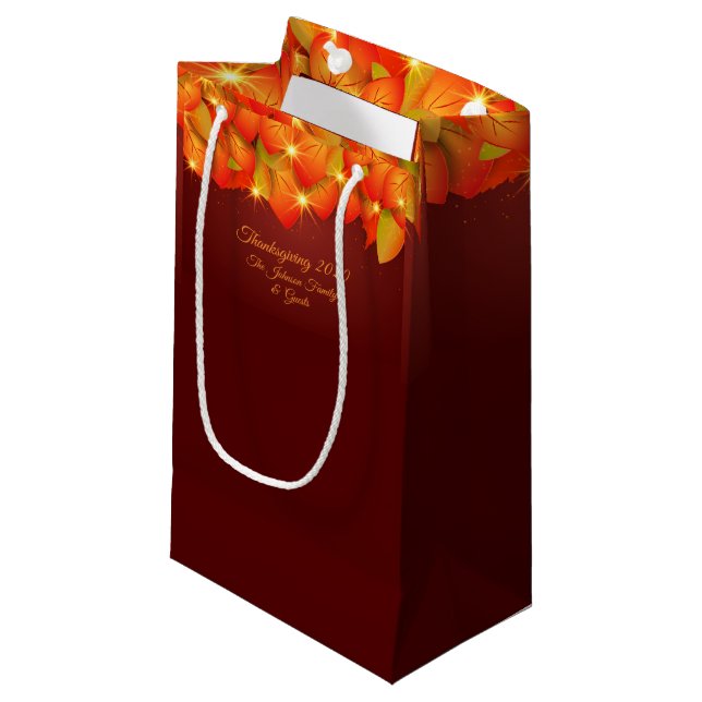 Matching Thanksgiving Orange Leaf Name Year Small Gift Bag (Front Angled)