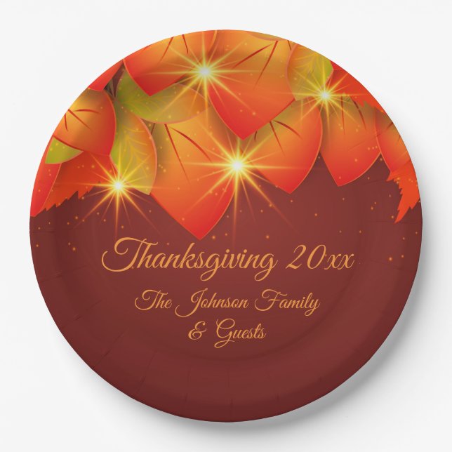 Matching Thanksgiving Orange Leaves Name Year 9" P Paper Plate (Front)