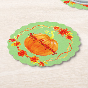 Matching Thanksgiving Watercolor Pumpkin on Green Paper Coaster