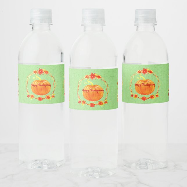 Matching Thanksgiving Watercolor Pumpkin on Green Water Bottle Label (Bottles)