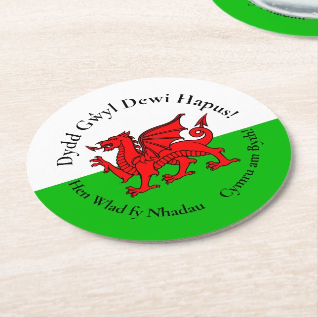 Matching Welsh Dragon St David's Day Round Paper Coaster (Angled)