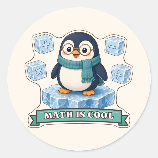 Math Is Cool Penguin with Math Symbol Cubes Classic Round Sticker (Front)