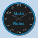 Math Problem Classroom Clock - Math Rules<br><div class="desc">Looking for a math problem clock? This great math wall clock features the words "Math Rules" in blue on a black background in the center with a coordinating blue border. The numbers on the clock are printed in white and there are math problems which must be solved in order to...</div>