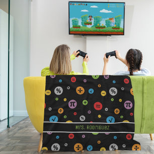 Math Symbols in Colorful Circles Pattern on Black Fleece Blanket