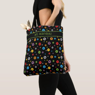 Math Symbols in Colorful Circles Pattern on Black Tote Bag