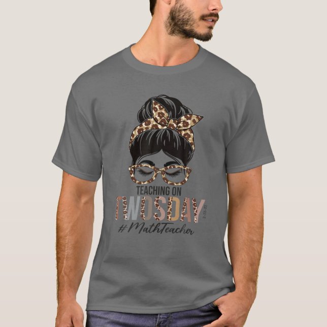 Math Teacher Messy Bun Leopard Teaching On Twosday T-Shirt (Front)
