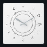 Mathematical Constants Symbols Square Wall Clock<br><div class="desc">Add a touch of whimsy to any room with this clock,  which features twelve common and advanced mathematical constants,  and their respective originators! Choose from square or round clock shapes. Also available in black.

Design © W.H. Sim,  All Rights Reserved. See more at zazzle.com/expressionsoccasions</div>