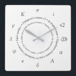 Mathematical Constants Symbols Square Wall Clock<br><div class="desc">Add a touch of whimsy to any room with this clock,  which features twelve common and advanced mathematical constants,  and their respective originators! Choose from square or round clock shapes. Also available in black.

Design © W.H. Sim,  All Rights Reserved. See more at zazzle.com/expressionsoccasions</div>