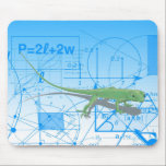 Mathematical equations and geometric designs mouse pad<br><div class="desc">A mouse pad that has an illustration of a green lizard standing on a paper filled with mathematical equations and geometric designs.</div>