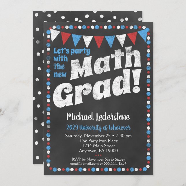 Mathmatics Graduation Party Invitation Red Blue (Front/Back)