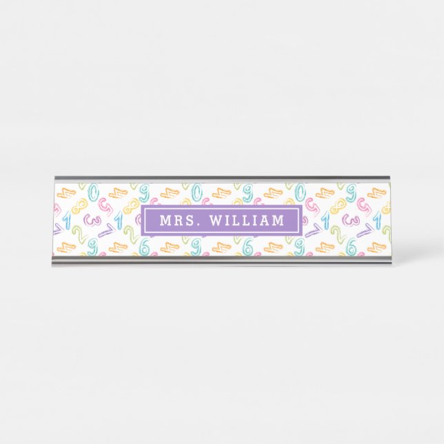 Maths Teacher Name Cute Numbers Pattern Desk Name Plate (Front)