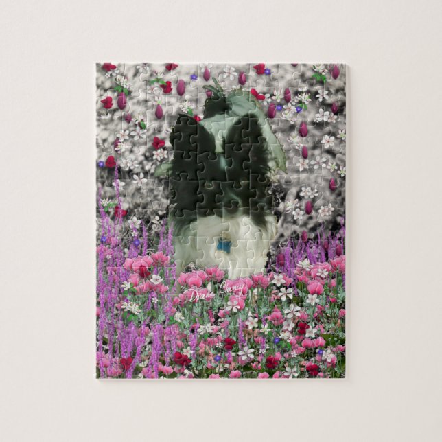 Matisse in Flowers - White & Black Papillon Dog Jigsaw Puzzle (Vertical)