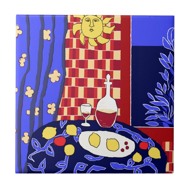 Matisse Inspired Blue Night Still Life Wine Lemons Tile (Front)