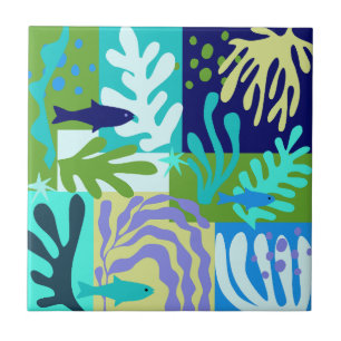 Matisse Inspired Ocean Life Paper Cutouts Aqua Tile