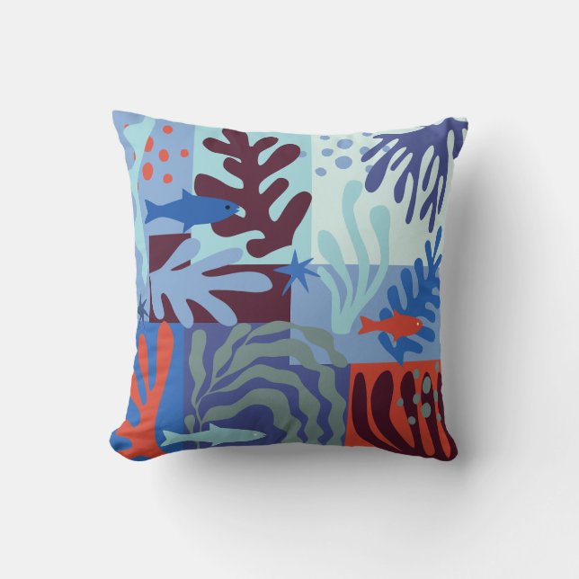 Matisse Inspired Ocean Life Paper Cutouts Blue Cushion (Front)