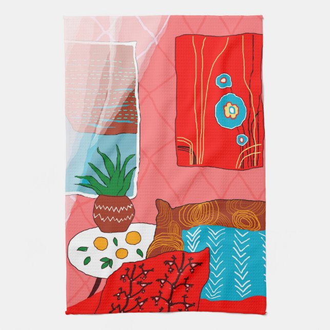 Matisse Inspired Red Room with Pillows Aloe Orange Tea Towel (Vertical)