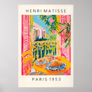Matisse Style Coffee and Croissant Art Print Pink