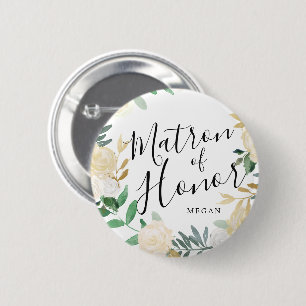 Matron of Honor White Rose Bouquet Custom Wedding 6 Cm Round Badge