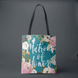 Matron of Honour Brushed Floral Wedding Party Tote Bag<br><div class="desc">Custom colour background and all over printing with painted floral edges. Matron of Honour in brush script on one side and name on the back. Customise to change the background colour (turquoise). Black looks amazing too. The gorgeous painted florals are by Create the Cut. Find them on Creative Market https://crmrkt.com/7WdAX,...</div>