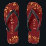 Matron of Honour Dark Burgundy Gold Foliage Patter Jandals<br><div class="desc">These gorgeous dark burgundy and gold foliage pattern matron of honour flip flops has a dark burgundy background that is adorned with an intricate gold floral greenery pattern and customisable modern typography. The combination of the rich burgundy and the shimmering gold create an elegant and luxurious aesthetic. It's a beautiful...</div>