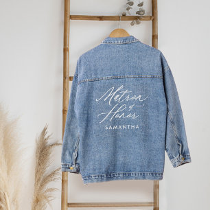 Matron of Honour Elegant Script Name Wedding Party Denim Jacket