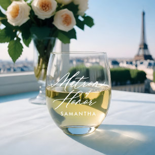 Matron of Honour Elegant Script Name Wedding Party Stemless Wine Glass