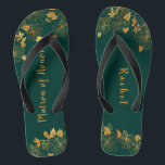 Matron of Honour Emerald Green & Gold Foliage  Jandals<br><div class="desc">These gorgeous emerald green and gold foliage matron of honour flip flops feature golden foliage pattern and modern typography on timeless dark green background. It's a beautiful gift for your bridal party. View the collection on this page to find matching items. ♥Customise it with your information. ♥ If you want...</div>