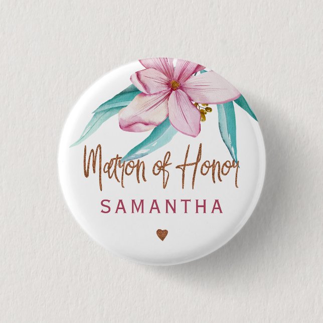 Matron of honour floral pink copper bridal shower 3 cm round badge (Front)