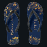 Matron of Honour Gold Foliage Pattern Navy Blue Jandals<br><div class="desc">These gorgeous gold foliage pattern navy blue matron of honour flip flops has a dark blue background that is adorned with an intricate gold floral greenery pattern and customisable modern typography. The combination of the rich navy and the shimmering gold create an elegant and luxurious aesthetic. It's a beautiful gift...</div>