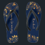 Matron of Honour Gold Foliage Pattern Navy Blue Jandals<br><div class="desc">These gorgeous gold foliage pattern navy blue matron of honour flip flops has a dark blue background that is adorned with an intricate gold floral greenery pattern and customisable modern typography. The combination of the rich navy and the shimmering gold create an elegant and luxurious aesthetic. It's a beautiful gift...</div>