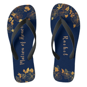 Matron of Honour Gold Foliage Pattern Navy Blue Jandals