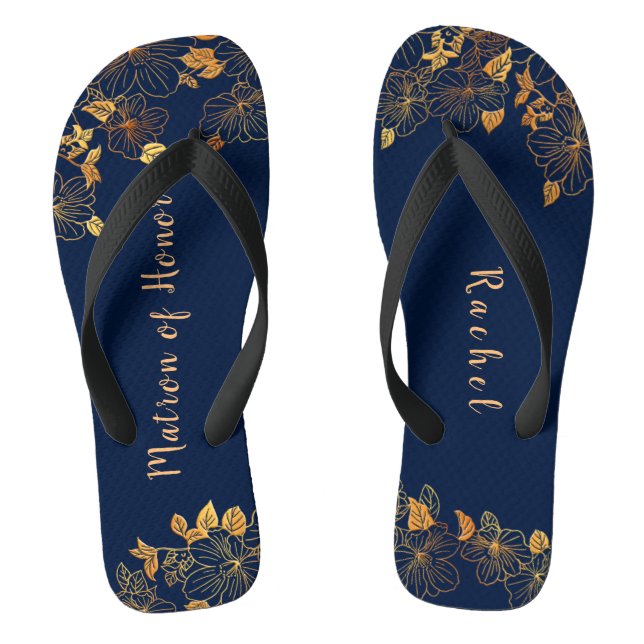 Matron of Honour Gold Foliage Pattern Navy Blue Jandals (Footbed)