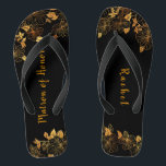 Matron of Honour Luxury Black Gold Foliage Pattern Jandals<br><div class="desc">These gorgeous black and gold foliage pattern matron of honour flip flops boasts a luxurious black and gold palette, with a stunning golden floral pattern and modern typography set against a black background, exuding elegance and sophistication. It's a beautiful gift for your bridal party. View the collection on this page...</div>