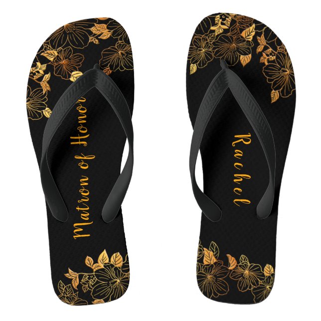 Matron of Honour Luxury Black Gold Foliage Pattern Jandals (Footbed)
