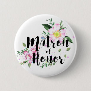 Matron of Honour Pink Floral Watercolor Wedding 6 Cm Round Badge