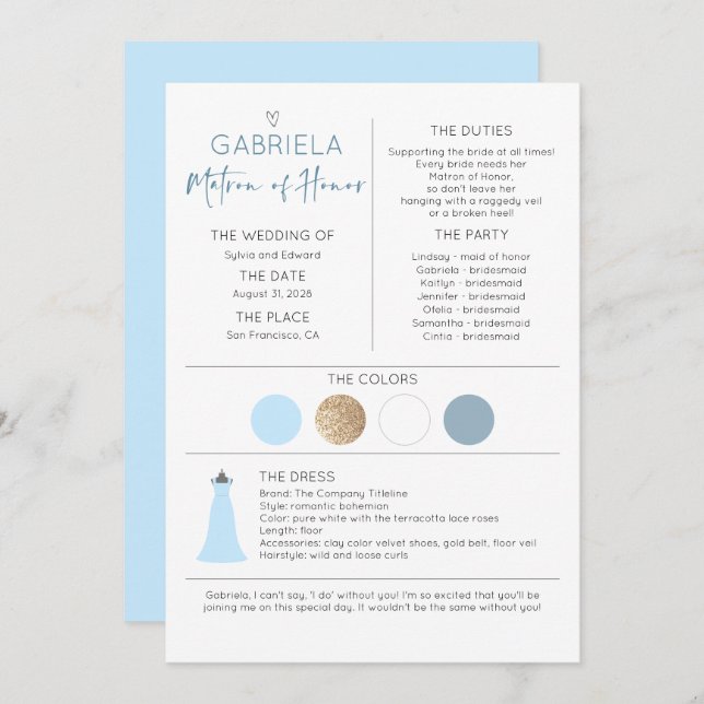 Matron of Honour Proposal & Information (Front/Back)